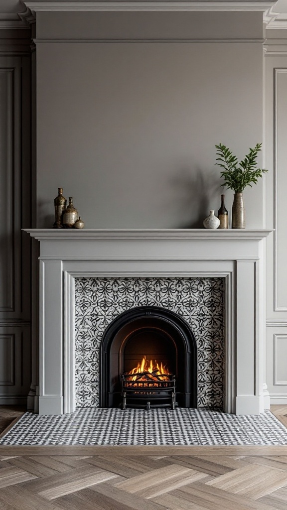 Modern fireplace with patterned porcelain tiles in black and white, surrounded by a neutral room decor.