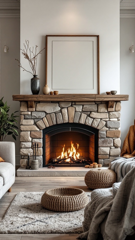 A cozy living room featuring a rustic-chic fireplace with stone accents and a wooden mantel