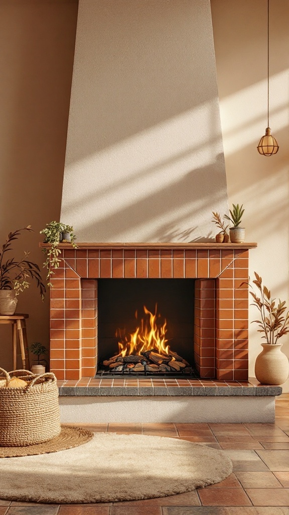 A cozy fireplace with terracotta tiles, surrounded by plants and soft decor, creating a rustic yet modern atmosphere.