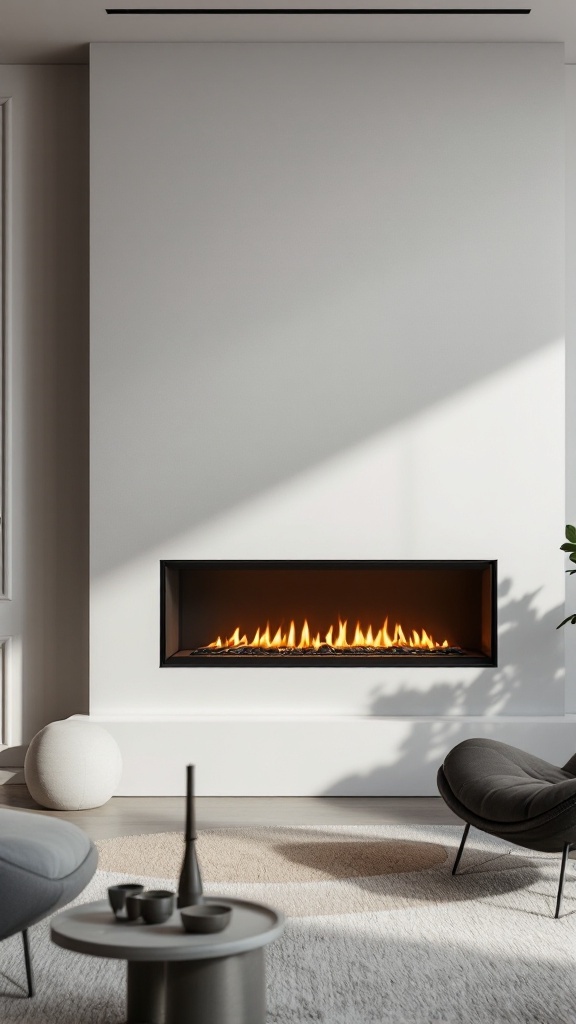 A sleek wall-mounted fireplace in a modern living room