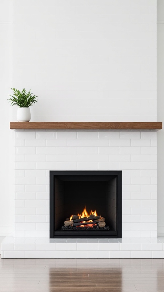 A modern fireplace with white subway tiles and a wooden mantel, featuring a warm fire and a potted plant.