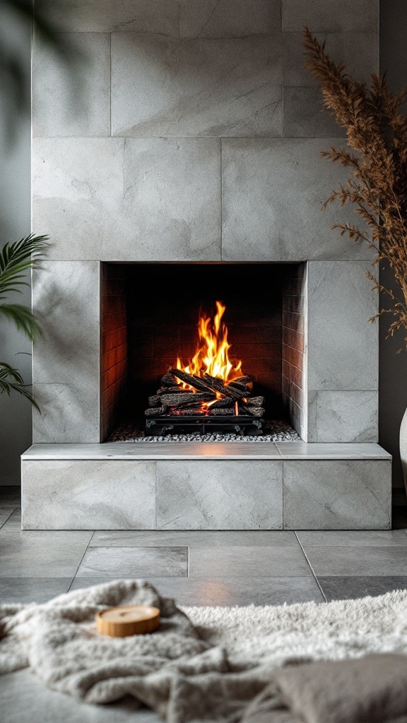 Modern fireplace with textured cement tiles and a warm fire