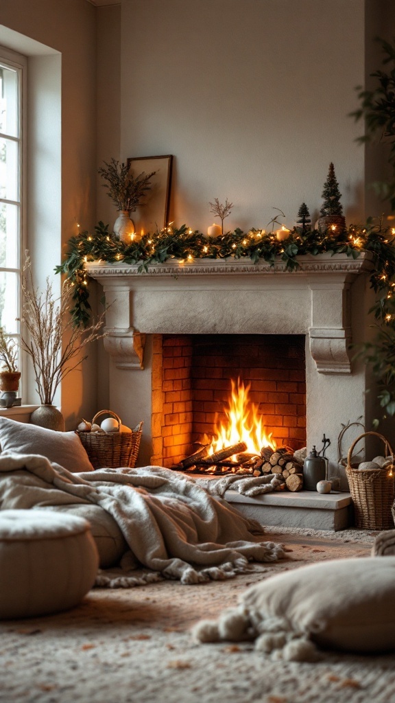 A cozy fireplace nook in a modern farmhouse setting featuring a stone fireplace, soft blankets, and decorative elements.