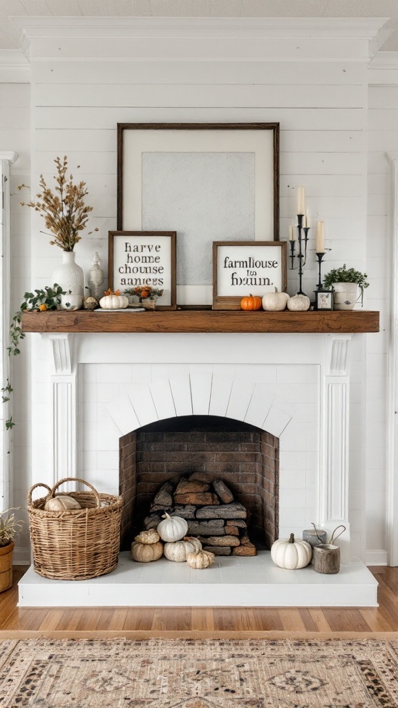 A cozy farmhouse-style fireplace with seasonal decorations, wooden mantel, and a basket of logs.