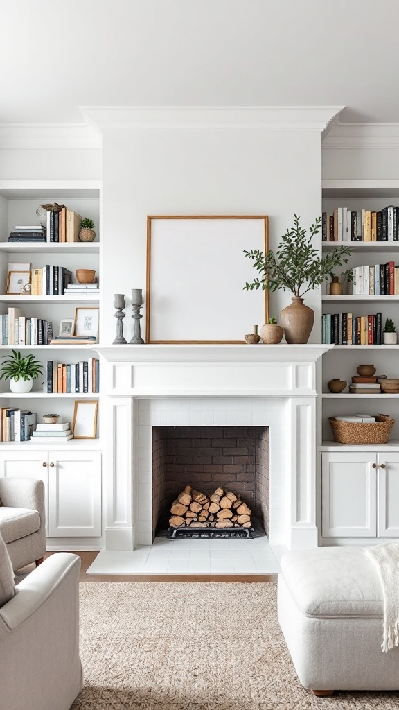 Modern farmhouse fireplace with built-in shelving, showcasing books and decorative items.