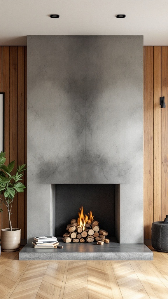 An industrial-style fireplace made of concrete with a stack of logs in front, set against wooden paneling.