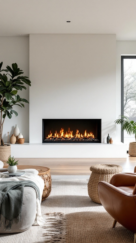 A minimalist linear fireplace in a modern farmhouse living room.