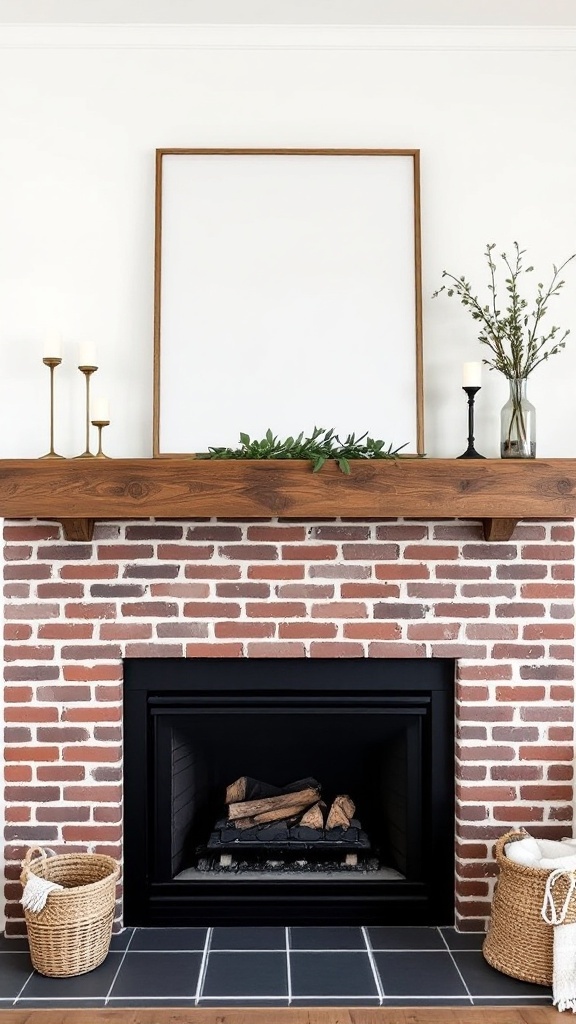 A fireplace with a reclaimed wood mantel, brick surround, and decorative elements.