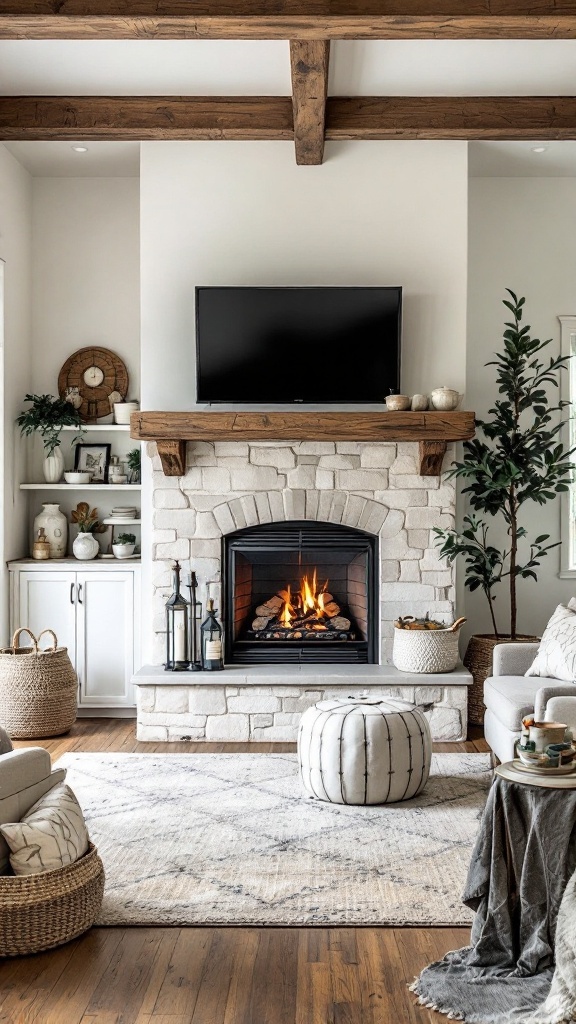 A modern farmhouse living room featuring a rustic stone fireplace with a wooden mantel, comfortable seating, and decorative elements.