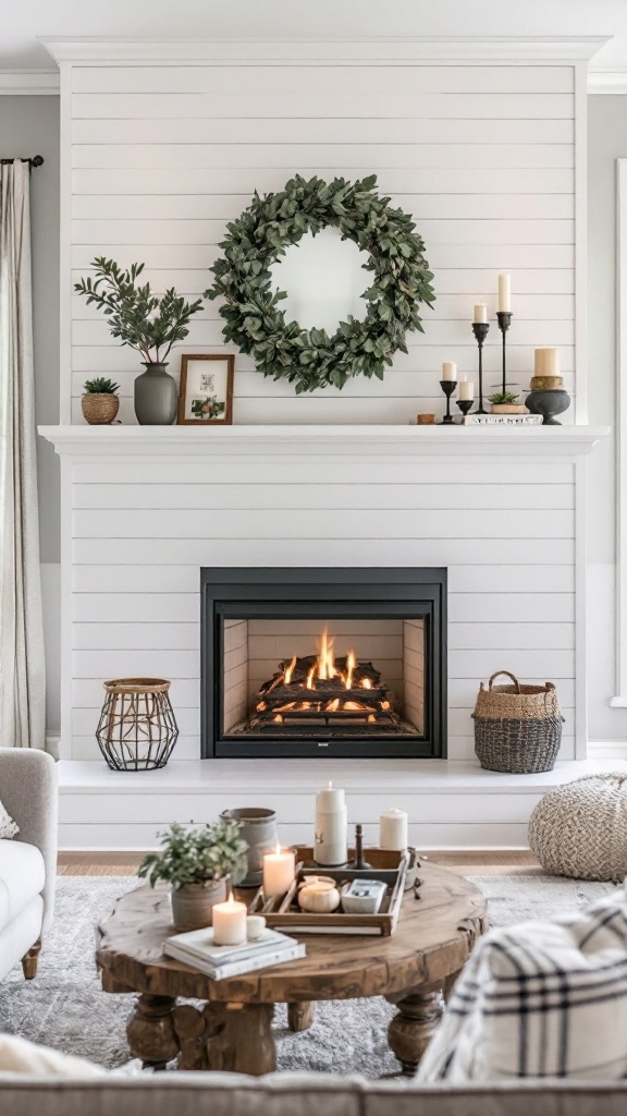 Cozy modern farmhouse fireplace with shiplap surrounds and greenery.