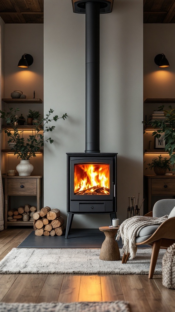 A modern farmhouse living room featuring a black wood-burning stove with flames, surrounded by natural elements and cozy decor.