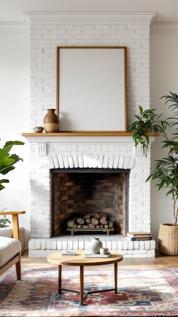 A whitewashed brick fireplace with a wooden mantel, surrounded by plants and cozy furniture.