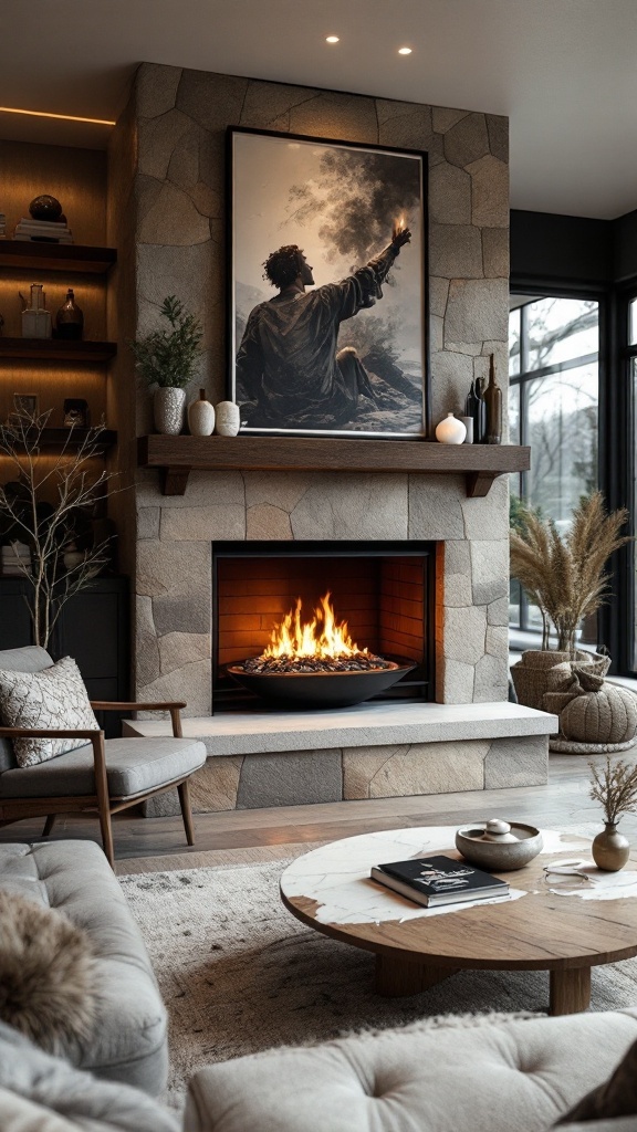 Modern stone fireplace with a central fire bowl, wooden mantel, and cozy seating area