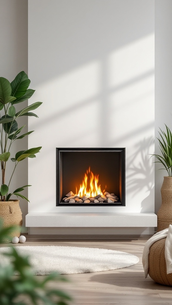 A modern bioethanol fireplace with flames, surrounded by plants in a contemporary living room.