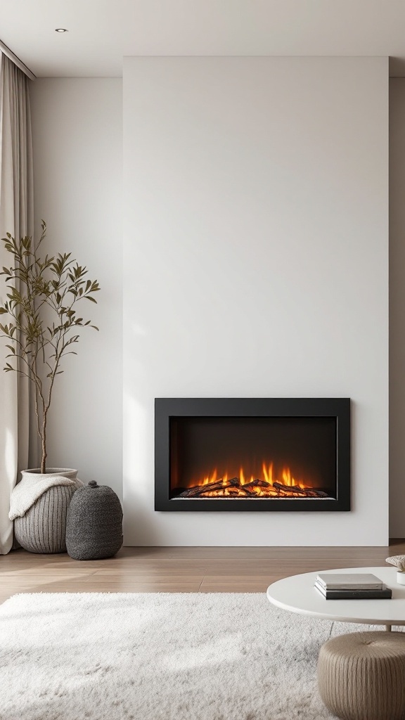 A minimalist electric fireplace set in a modern living room with a white wall, simple decor, and soft textures.