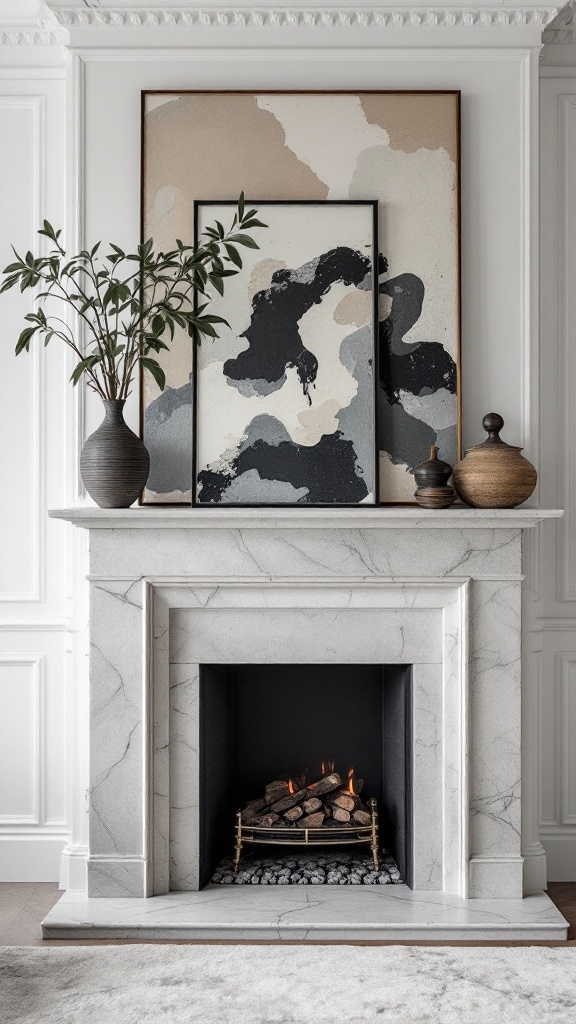 Modern fireplace with artistic mantel featuring abstract art and decorative vases