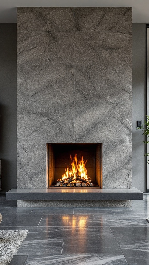 A modern floor-to-ceiling stone fireplace with a warm fire burning.
