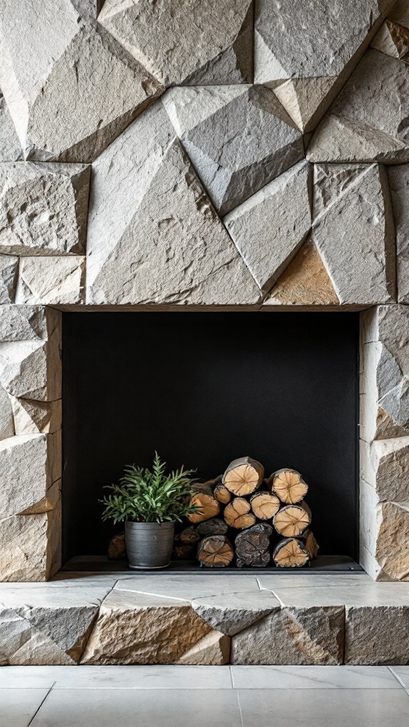A modern stone fireplace featuring geometric patterns with a pile of firewood and a small plant.