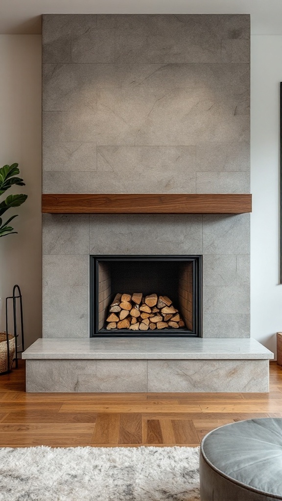 Modern stone fireplace with integrated wood storage solution