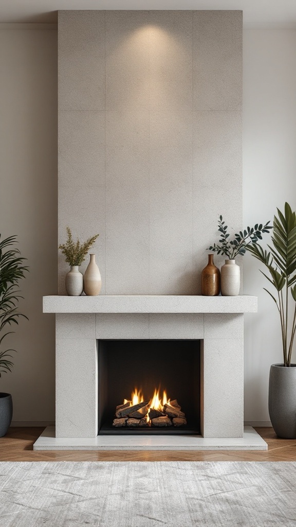 Minimalist stone fireplace with a light stone mantel and decorative plants