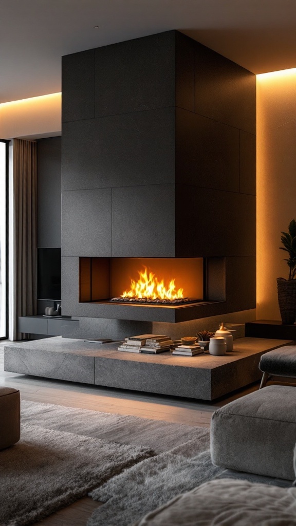 A modern multi-sided fireplace with a dark stone finish and visible flames, serving as a stylish room divider.