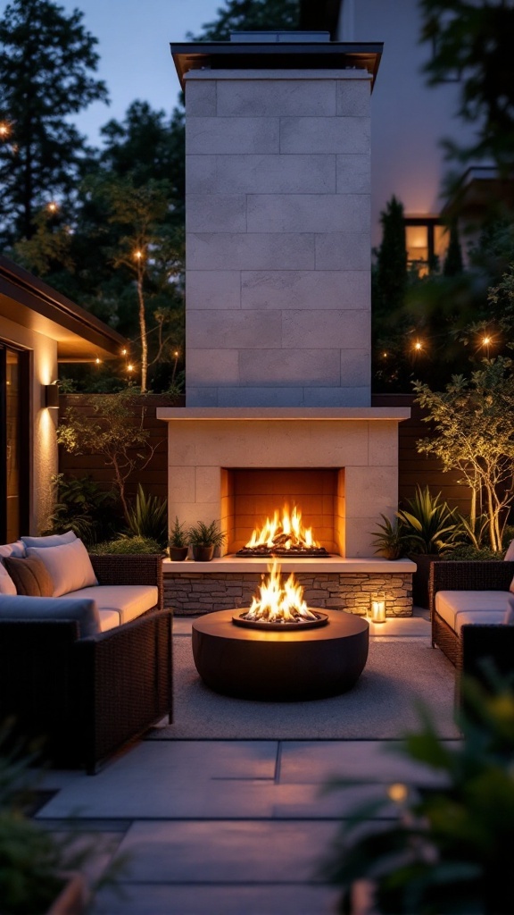 A modern outdoor fireplace with a stone chimney, surrounded by comfortable seating and a central fire pit.