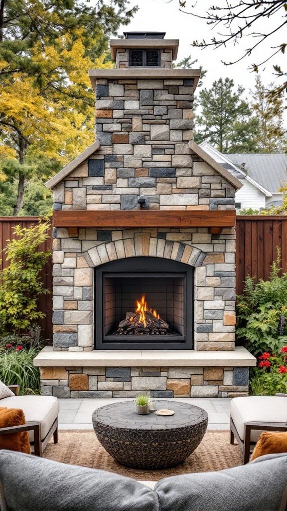 An outdoor stone fireplace with flames, surrounded by seating and greenery.