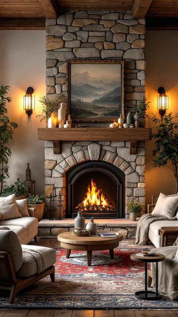 A rustic-chic stone fireplace with a cozy seating area, wooden beams, and decorative elements.