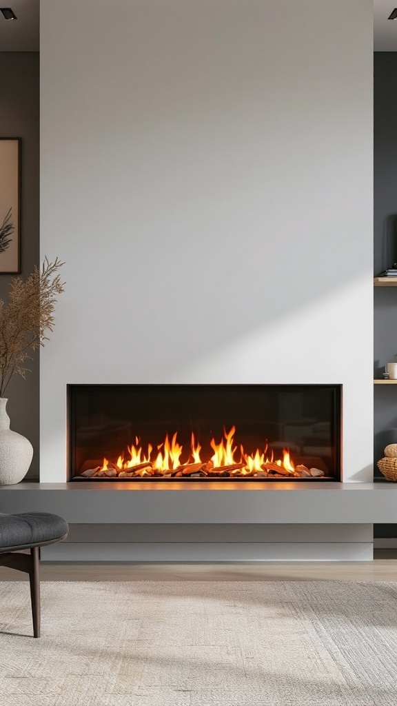 A modern linear fireplace with flames and decorative stones, set against a neutral wall.