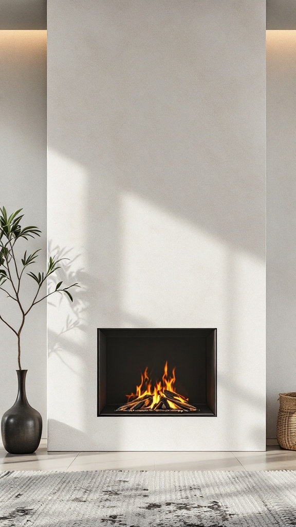 A modern wall-mounted stone fireplace with a sleek black frame and warm flames, set against a light-colored wall
