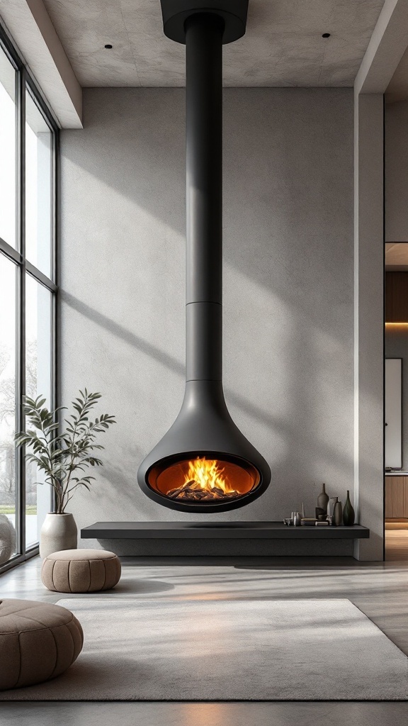 A modern suspended fireplace in a contemporary living space with large windows and minimalist decor.