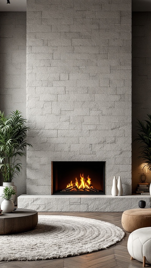 Modern stone fireplace with a textured accent wall in a cozy living room