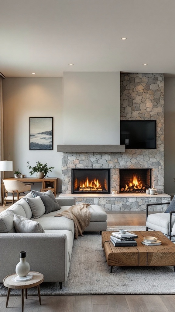 A modern living room featuring a two-sided stone fireplace, with a cozy sofa and stylish decor.