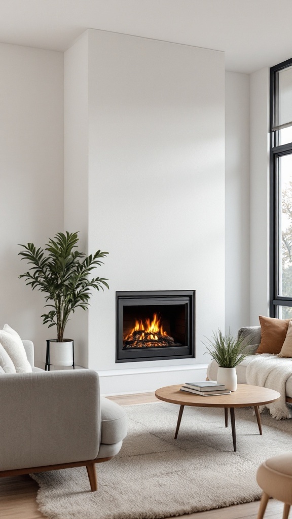 A modern corner fireplace in a cozy living room with large windows and contemporary decor.