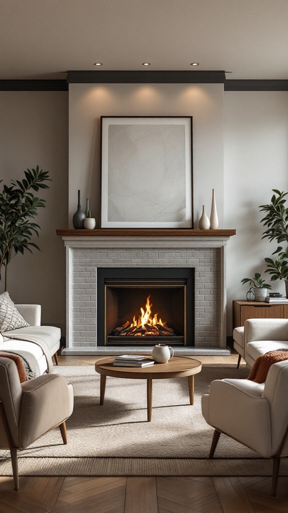 Mid-century modern living room featuring a stylish fireplace as a focal point