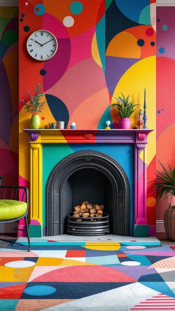 A colorful fireplace with artistic surrounds featuring bold wall art and a vibrant rug.