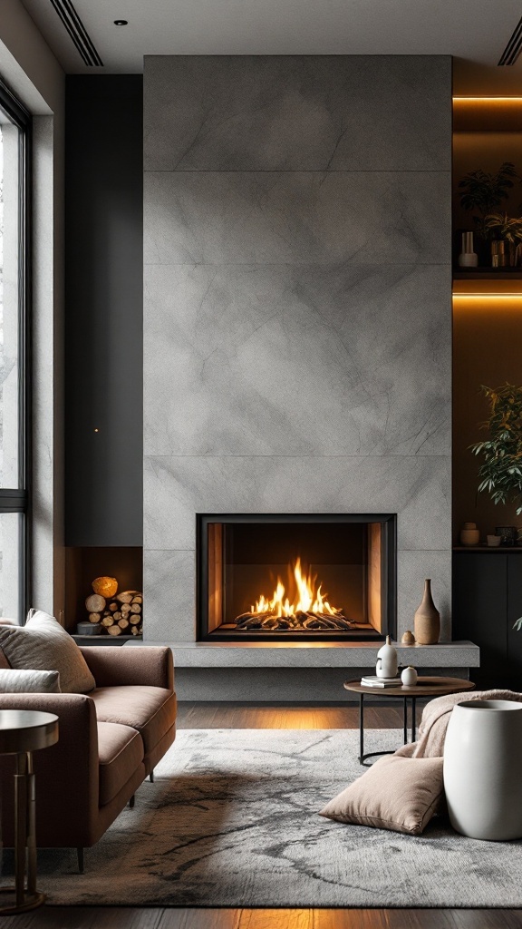 A modern living room featuring a glass-enclosed fireplace with a sleek gray stone surround, a cozy sofa, and decorative elements.