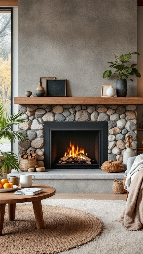A cozy mid-century modern fireplace featuring a stone surround and wooden mantel, with a comfortable seating area and natural decor.