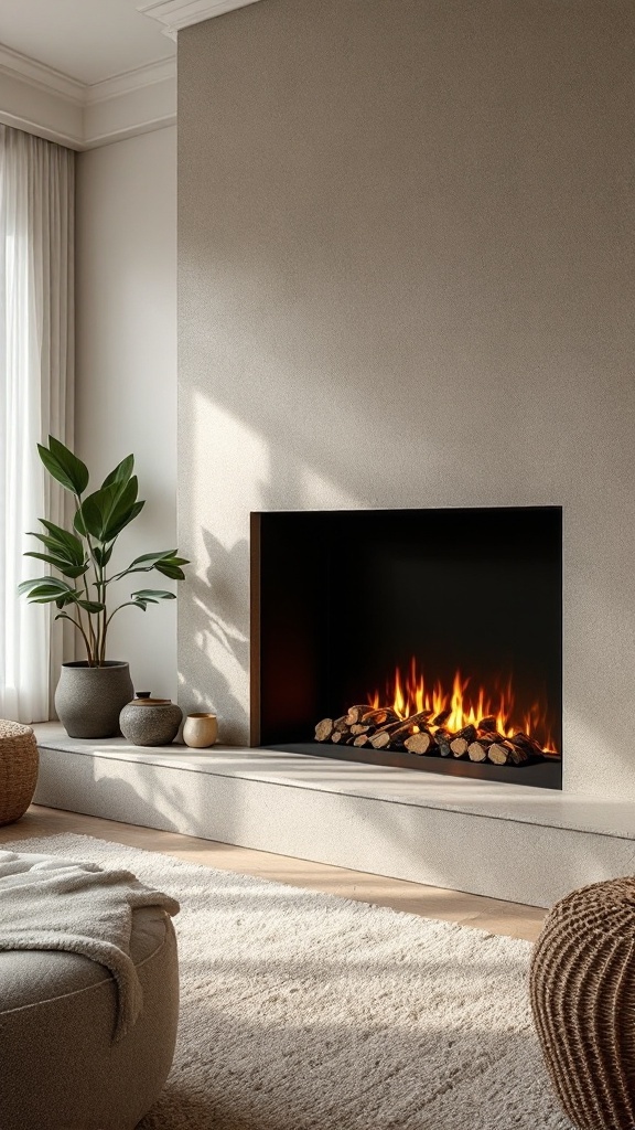 A modern ventless fireplace with logs, surrounded by plants and cozy decor.