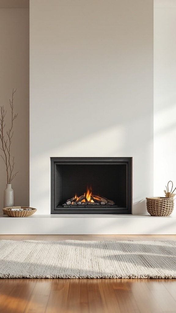 A minimalist fireplace with a black frame and natural stone, surrounded by simple decor.