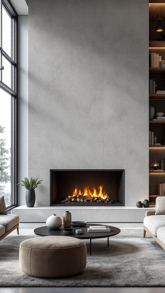 Modern stone and concrete fireplace in a stylish living room.