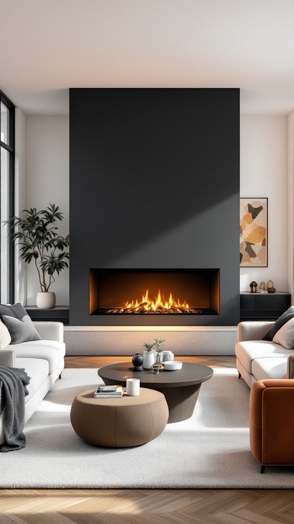 A modern multi-sided fireplace in an open concept living area, featuring sleek design and comfortable furniture.