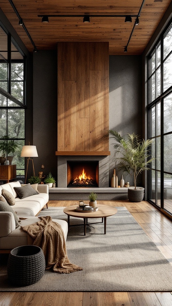 Mid-century modern living room featuring a central fireplace with wooden accents and natural light.