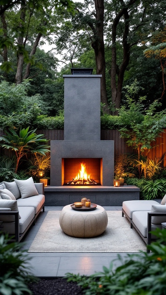 A modern outdoor fireplace surrounded by seating and greenery