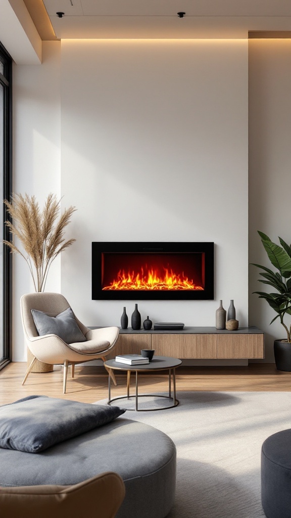A modern living room featuring a wall-mounted electric fireplace with vibrant flames, surrounded by stylish furniture and decor.