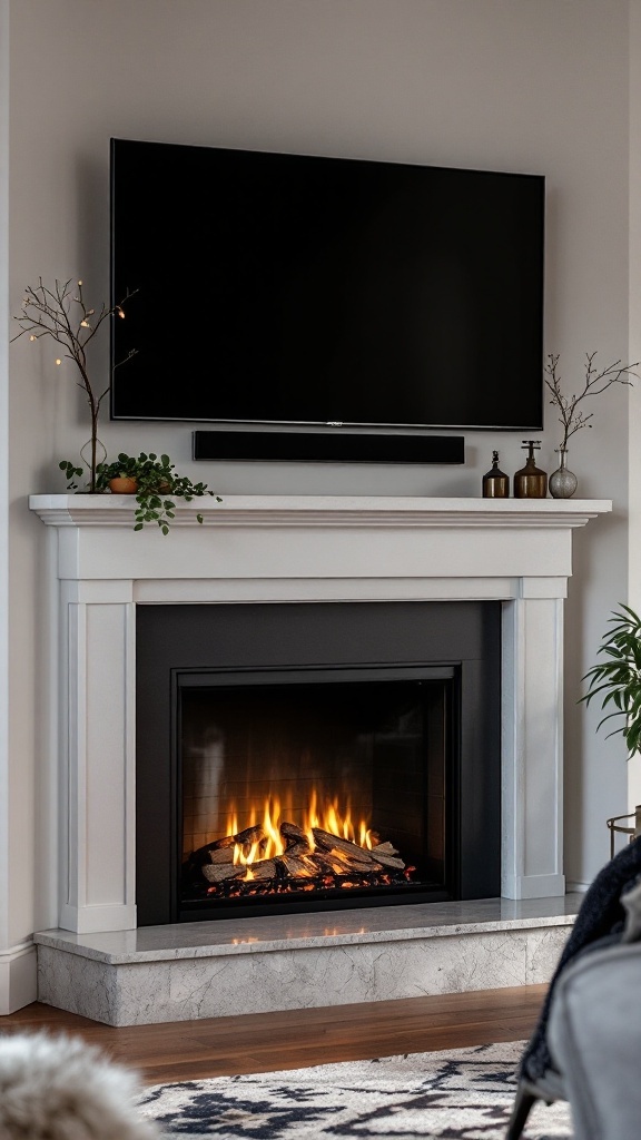 A corner fireplace with a floating TV shelf above it, featuring a cozy flame and decorative items on the mantel.
