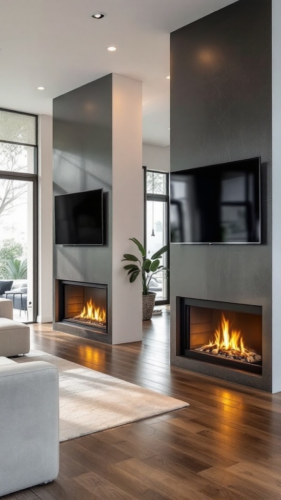 A modern double-sided fireplace between two rooms, with a TV mounted above on each side.