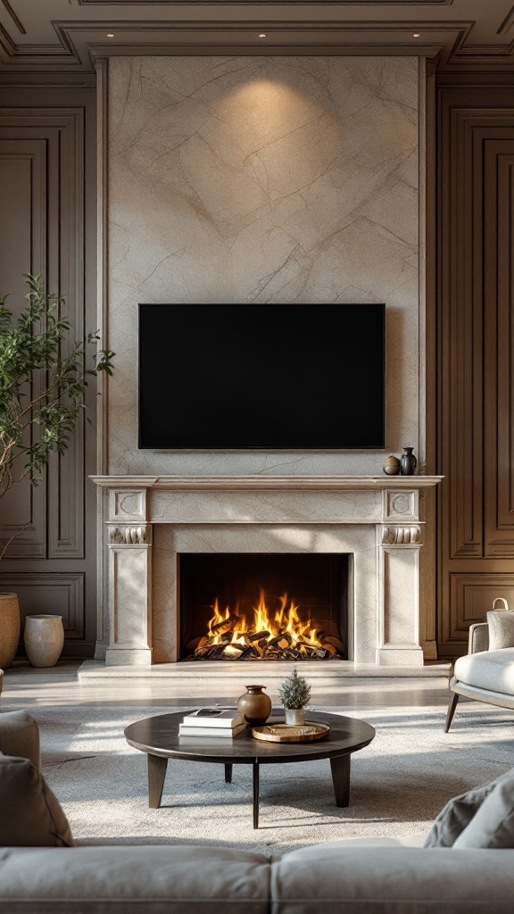 Modern living room featuring an elegant stone fireplace with a frameless TV above it, creating a cozy and sophisticated atmosphere.