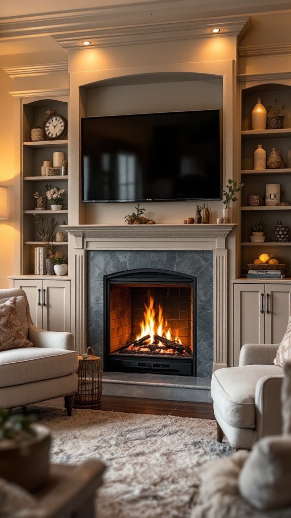 Cozy fireplace nook with a built-in TV cabinet, surrounded by shelves and comfortable seating.