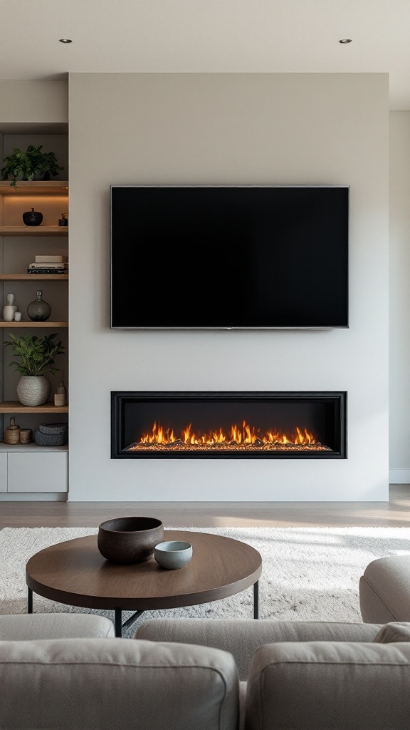 A modern living room featuring a linear gas fireplace beneath a flat-screen TV, with a stylish coffee table and soft seating.